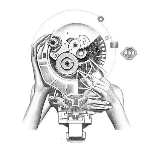 A black-grey tattoo depicting a biomedical engineer working on a C-Arm machine with precision and focus tattoo design idea