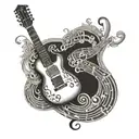 A tattoo design featuring a stylized guitar with musical notes and lyrics from Sturgill Simpson's songs incorporated into the design tattoo design idea