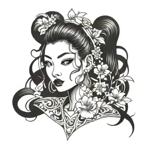 Create a manga-style tattoo featuring a Japanese woman with long black hair styled in a high bun. She wears a flowing wh tattoo design idea