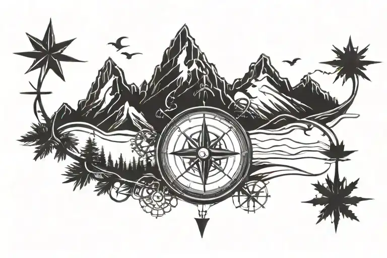 A silhouette of a mountain range with a compass rose in the center, symbolizing a love for travel and exploration tattoo design idea