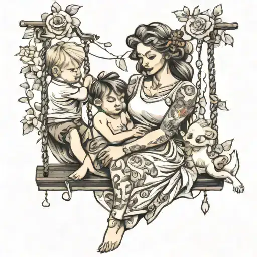 mother sitting on a swing with 3 boy children tattoo design idea