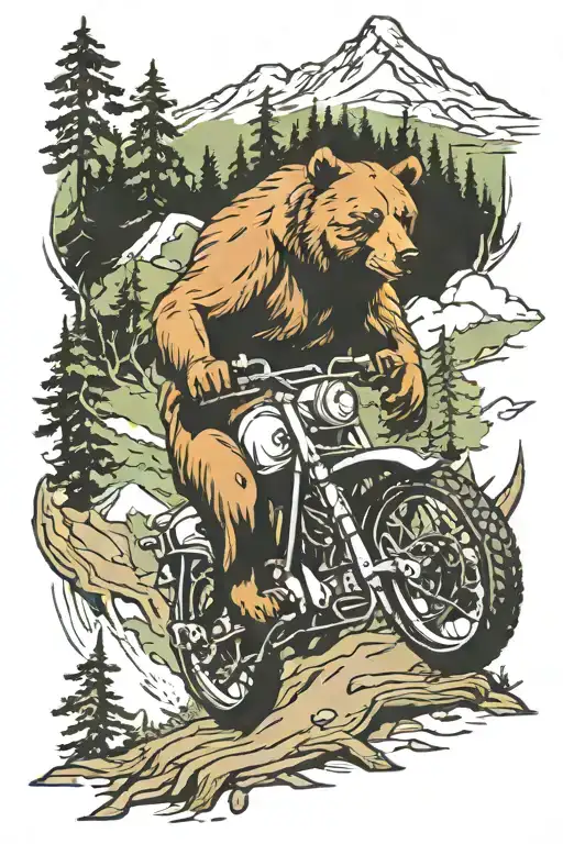 Motorbike, bear, forest, mountain tattoo design idea
