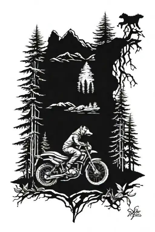 Motorbike, bear, forest, mountain tattoo design idea