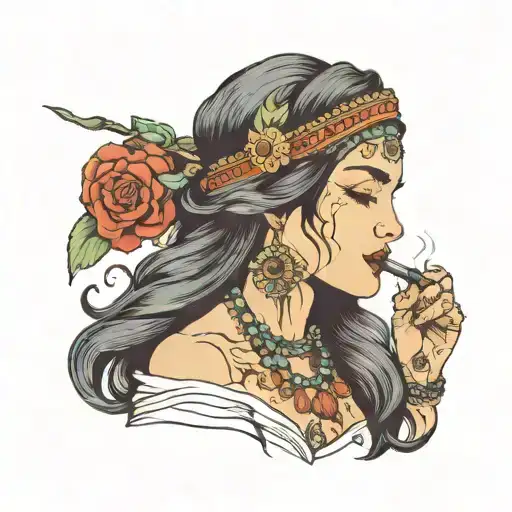 gypsy Girl with closed eyes smoking a pipe and she has Black hair tattoo design idea