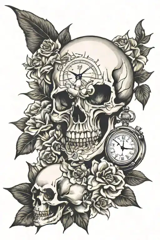 skull and clock and flowers and pressure gauge and stars and atrology  tattoo design idea