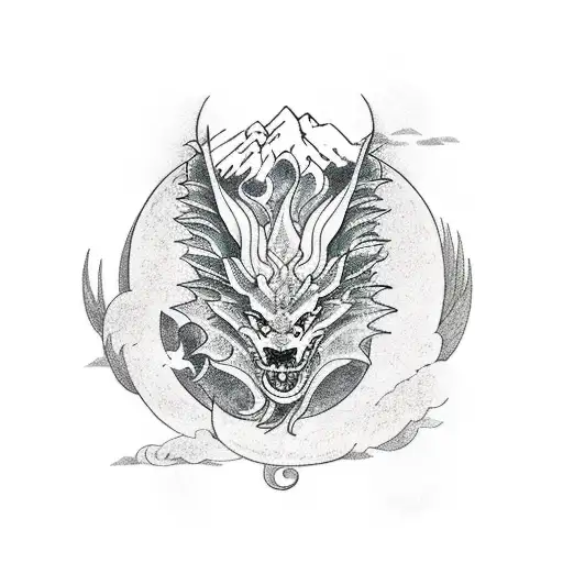 dragon and wolf tatoo that includesa book, travel and mountains tattoo design idea