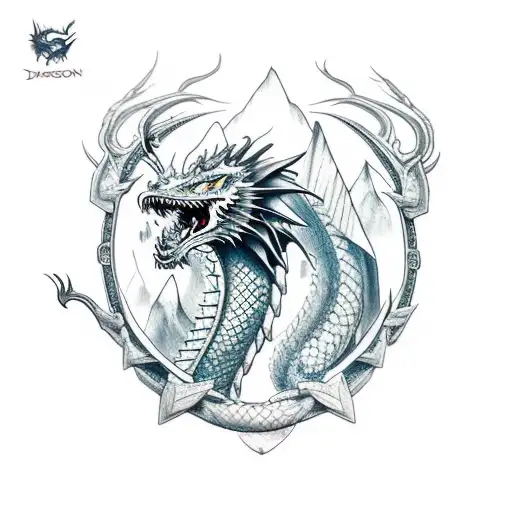dragon and wolf tatoo that includesa book, travel and mountains tattoo design idea