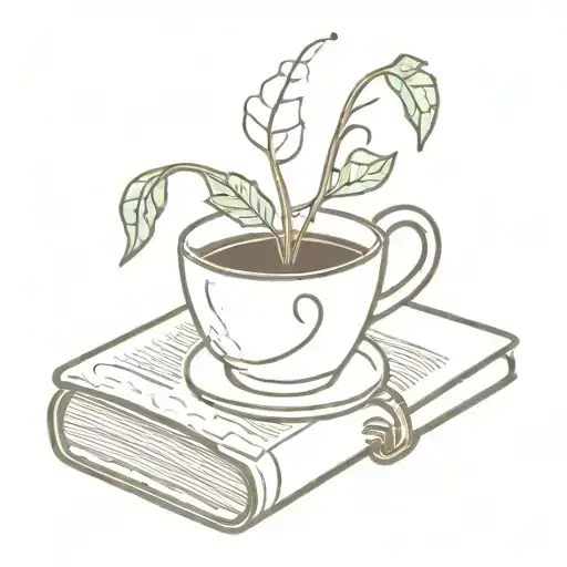 A minimalist tattoo of a coffee cup with a book and a plant growing out of it tattoo design idea