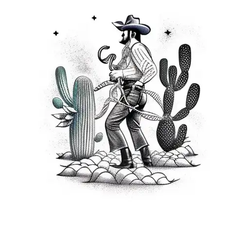 Traditional style tattoo of a cowboy swinging a lasso with cacti in the background tattoo design idea