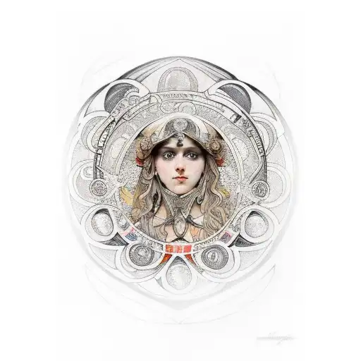 hecate goddess painted in Alphonse Mucha style tattoo design idea