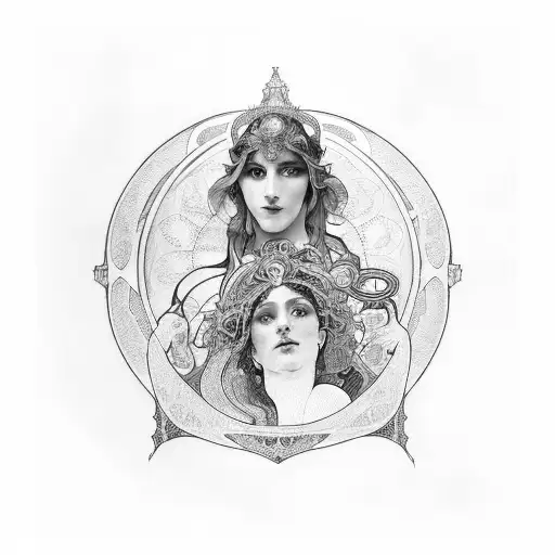 hecate goddess painted in Alphonse Mucha style tattoo design idea
