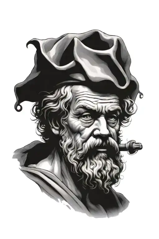 socrates portrait with blue eyes and smoke comes tattoo design idea