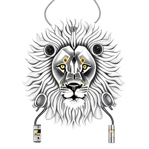 female Lion with headphones and sunflowers in the background witb a septum peircing and cross necklace smoking a blunt tattoo design idea