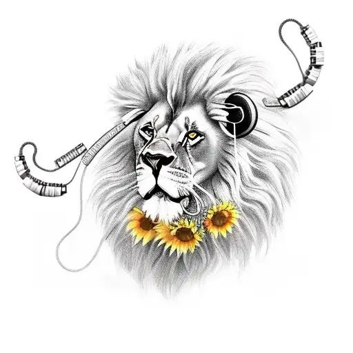 female Lion with headphones and sunflowers in the background witb a septum peircing and cross necklace  tattoo design idea