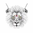 female Lion with headphones and sunflowers in the background witb a septum peircing and cross necklace  tattoo design idea
