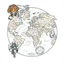 Round world map half spartan warrior half tiger motorbike riding traveller and fight club film  tattoo design idea