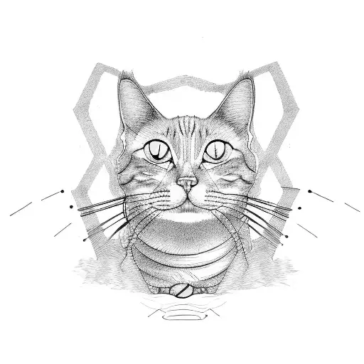 A minimalist and abstract design of a cat with elements of Luffy's straw hat from One Piece tattoo design idea