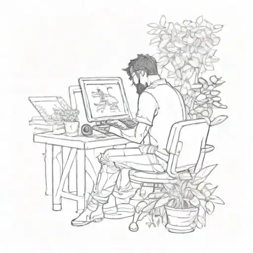 A sketch tattoo of a software engineer coding with a garden growing around them tattoo design idea