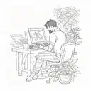 A sketch tattoo of a software engineer coding with a garden growing around them tattoo design idea