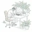 A sketch tattoo of a software engineer coding with a garden growing around them tattoo design idea