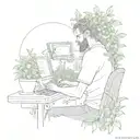 A sketch tattoo of a software engineer coding with a garden growing around them tattoo design idea