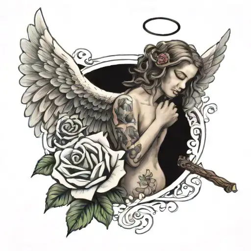angel with the Bible verse psalm 23:4 written under it and a rose  tattoo design idea