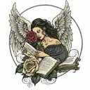 angel with the Bible verse psalm 23:4 written under it and a rose  tattoo design idea