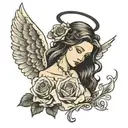 angel with the Bible verse psalm 23:4 written under it and a rose  tattoo design idea