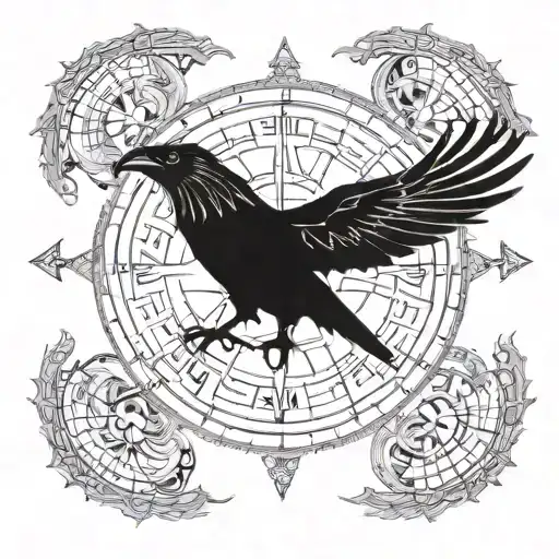 A mystical scene of Odin's ravens Huginn and Muninn flying over a vegvisir compass tattoo design idea