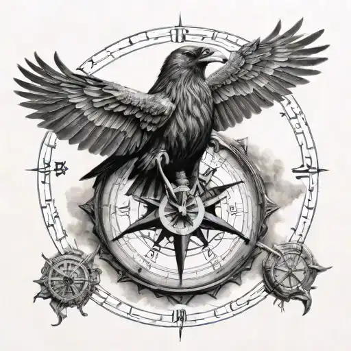 A mystical scene of Odin's ravens Huginn and Muninn flying over a vegvisir compass tattoo design idea