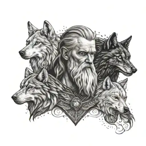 A detailed portrait of Odin with his wolves and ravens by his side tattoo design idea