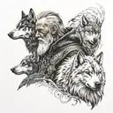A detailed portrait of Odin with his wolves and ravens by his side tattoo design idea