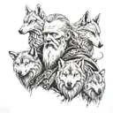 A detailed portrait of Odin with his wolves and ravens by his side tattoo design idea