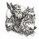 A detailed portrait of Odin with his wolves and ravens by his side tattoo design idea