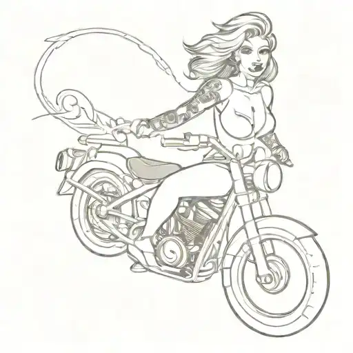 A pinup girl riding a motorcycle with pagan symbols incorporated into the design tattoo design idea