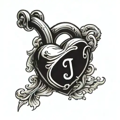 llve heart shaped lock, Initial J. date 10/08/2019 on the clasp tattoo design idea