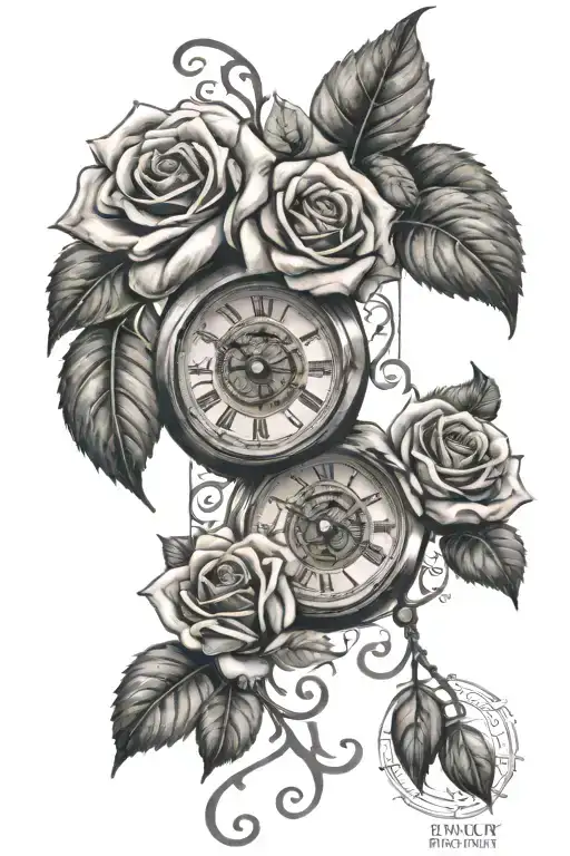 roses, eye and roman numeral clock tattoo design idea