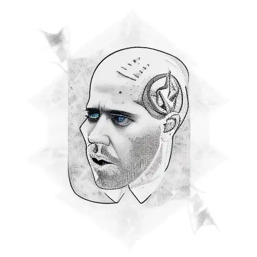 Create a realistic portrait tattoo of a teacher holding a microphone with the logos of Bullet for my Valentine, Rage against the Machine, Linkin Park, and Enter Shikari incorporated into the background tattoo design idea