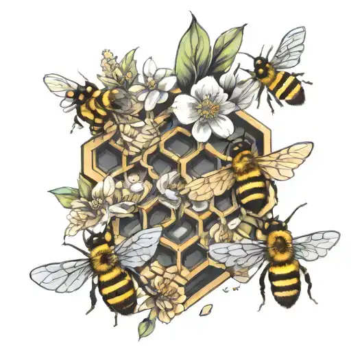bees and honeycombs with flowers tattoo design idea