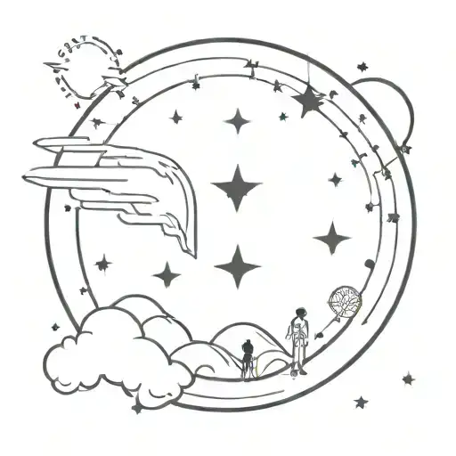 A cosmic scene with a sunset and stars, featuring silhouettes of EXO and ATEEZ members tattoo design idea