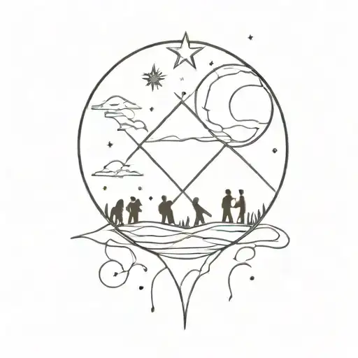 A cosmic scene with a sunset and stars, featuring silhouettes of EXO and ATEEZ members tattoo design idea