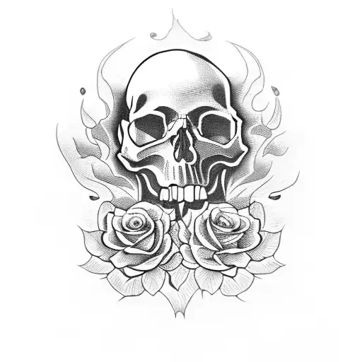 skull and fire and roses tattoo design idea