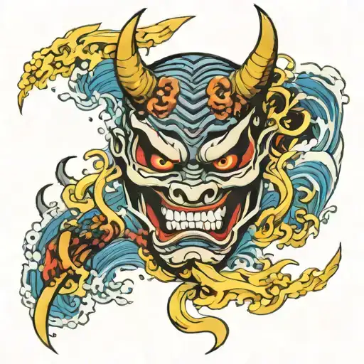 Oni demon mask broken by a katana in the waves tattoo design idea