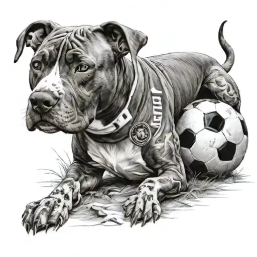A realistic portrait of a pitbull wearing a futebol jersey, with a soccer ball at its feet tattoo design idea