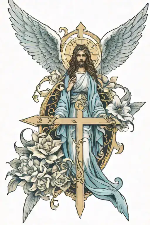 Angel's demons Jesus's cross merged mary 2 doves tattoo design idea