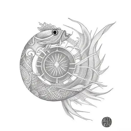 betta fish and dharma wheel tattoo design idea