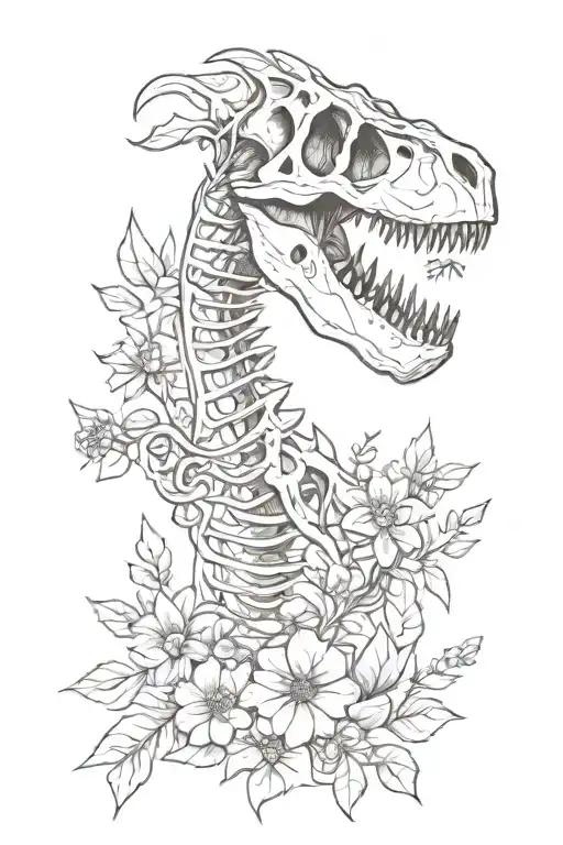 dinosaur skeleton and flowers tattoo design idea