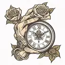 praying hands holding clock rose intertwined tattoo design idea