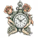 praying hands holding clock rose intertwined tattoo design idea