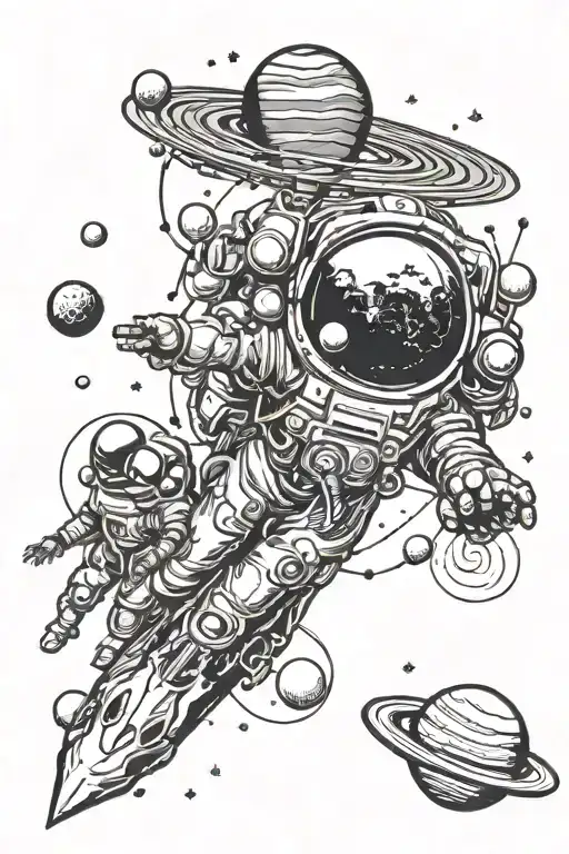solar system with planets, rocket ship, alien, and astronaut tattoo design idea